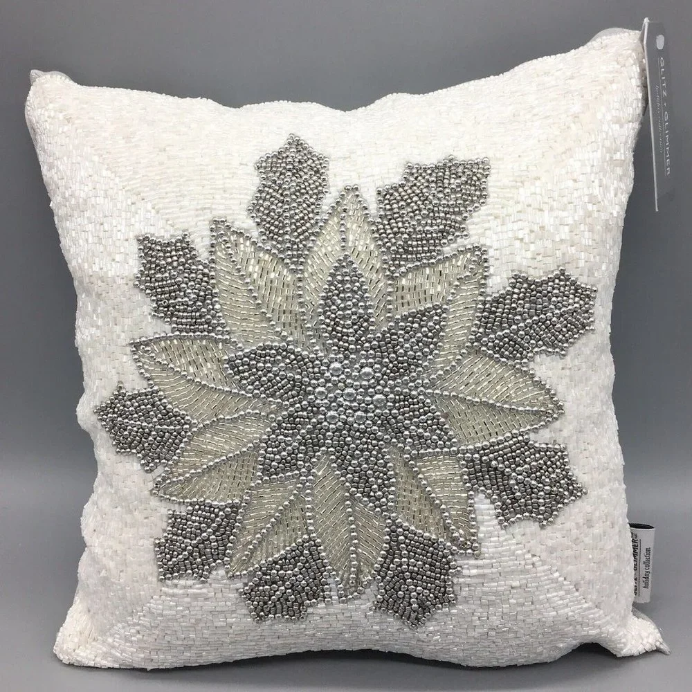 x2 Glitz & Glimmer Christmas Beaded Silver Poinsettia Throw Pillow Set Decor 14